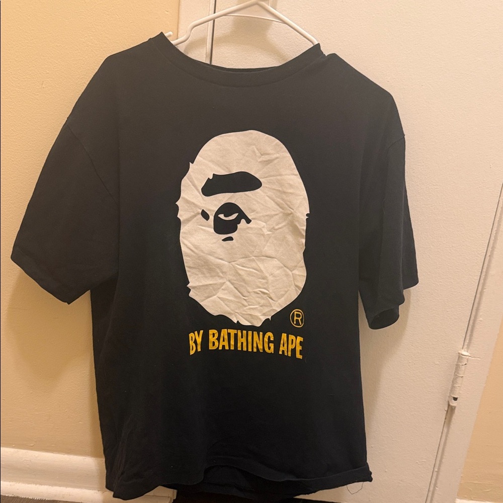 Bape Black Tee with White Ape Head and Yellow Text